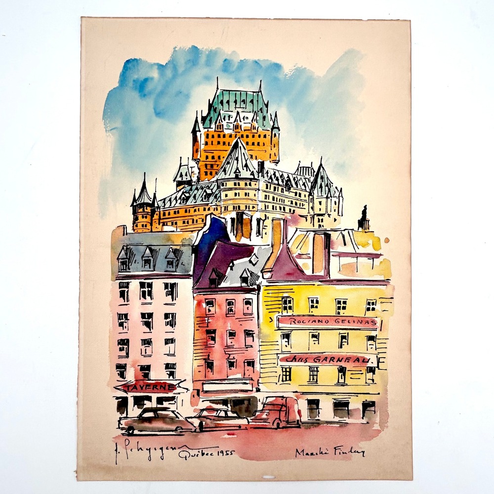 Vintage 1955 Quebec City Watercolor Art Chateau Frontenac Marchi Finlay 15x11